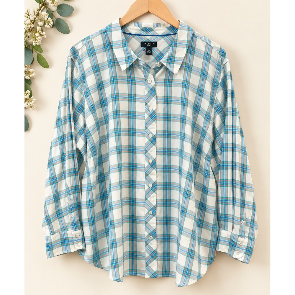 Talbots Plus 3X Plaid Button Down Shirt Blue Pink White Cotton Rayon NWT